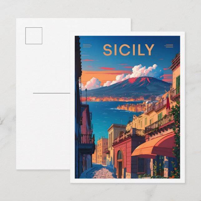 Postal Ilustracion de Viajes de Arte de Sicilia Italia (Anverso / Reverso)