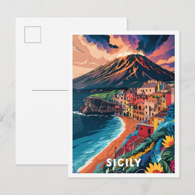 Postal Ilustracion de Viajes de Arte de Sicilia Italia (Anverso / Reverso)