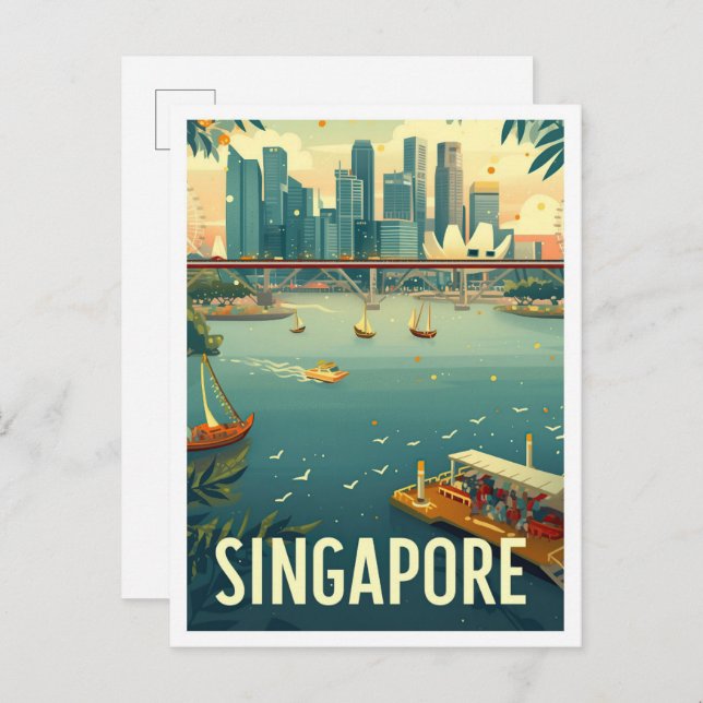 Postal Ilustracion de viajes de arte de Singapur (Anverso / Reverso)
