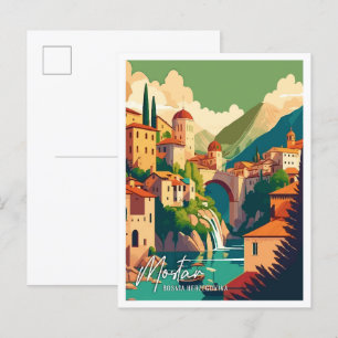 Postal Ilustracion de viajes de arte Mostar Bosnia
