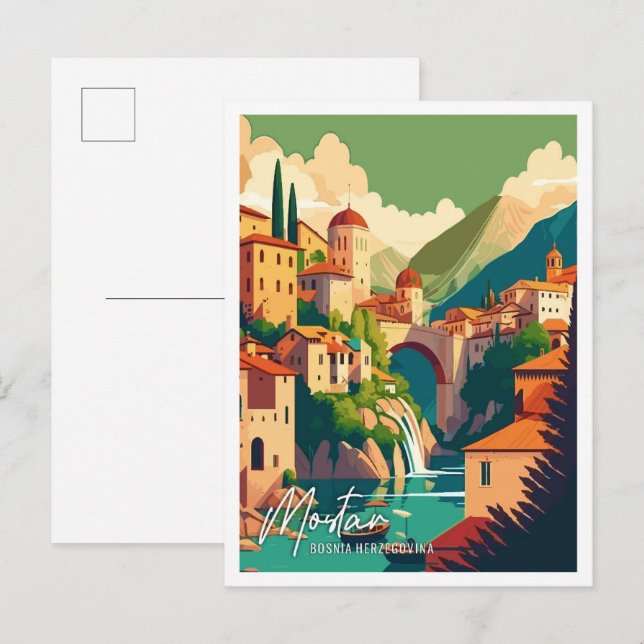 Postal Ilustracion de viajes de arte Mostar Bosnia (Anverso / Reverso)