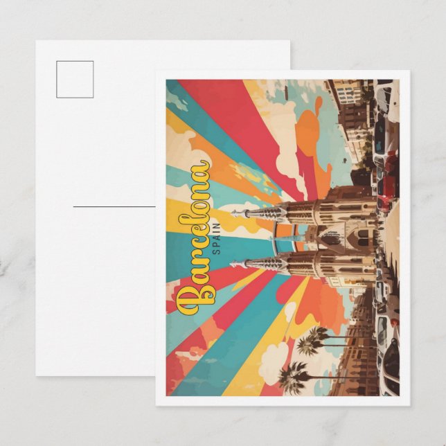 Postal Ilustracion de viajes de arte pop de Barcelona Esp (Anverso / Reverso)