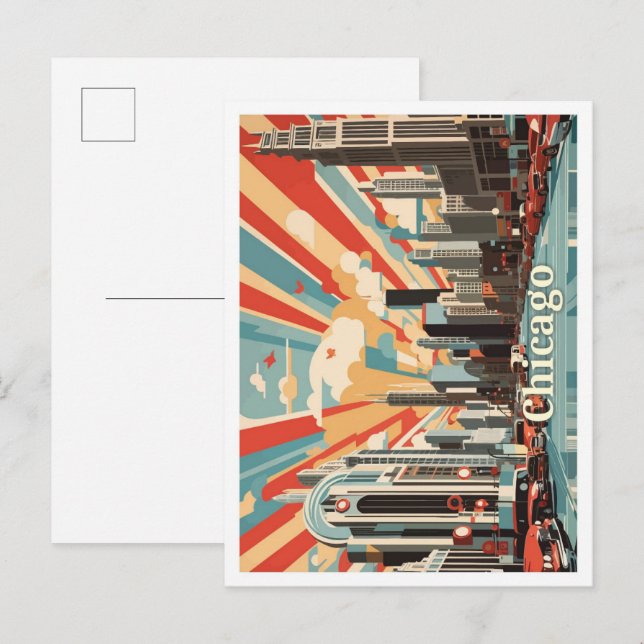 Postal Ilustracion de viajes de arte pop de Chicago Illin (Anverso / Reverso)