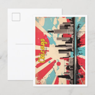 Postal Ilustracion de viajes de arte pop de Chicago Illin