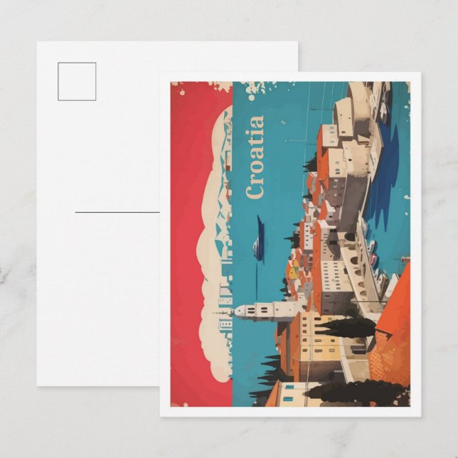 Postal Ilustracion de viajes de arte pop de Croacia (Anverso / Reverso)