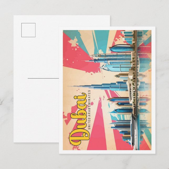 Postal Ilustracion de viajes de arte pop de Emiratos Árab (Anverso / Reverso)