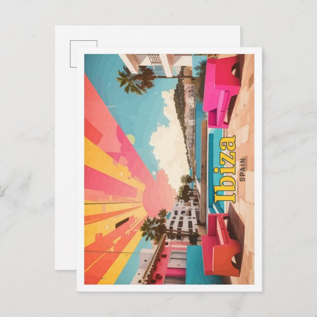 Postal Ilustracion de viajes de arte pop de Ibiza España (Anverso / Reverso)