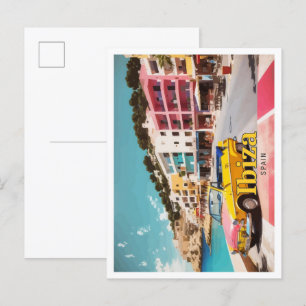 Postal Ilustracion de viajes de arte pop de Ibiza España