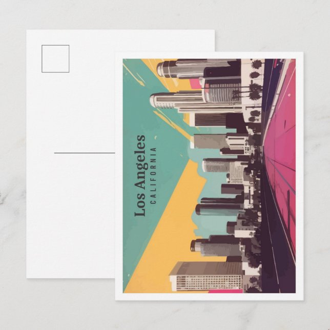 Postal Ilustracion de viajes de arte pop de Los Ángeles C (Anverso / Reverso)