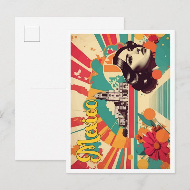 Postal Ilustracion de viajes de arte pop de México (Anverso / Reverso)