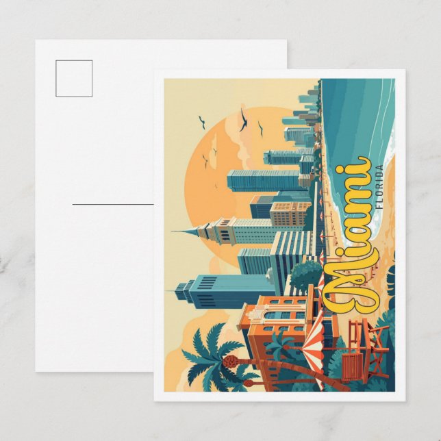 Postal Ilustracion de viajes de arte pop de Miami Florida (Anverso / Reverso)