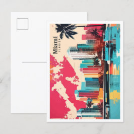 Postal Ilustracion de viajes de arte pop de Miami Florida