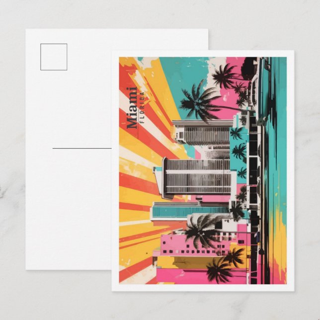 Postal Ilustracion de viajes de arte pop de Miami Florida (Anverso / Reverso)