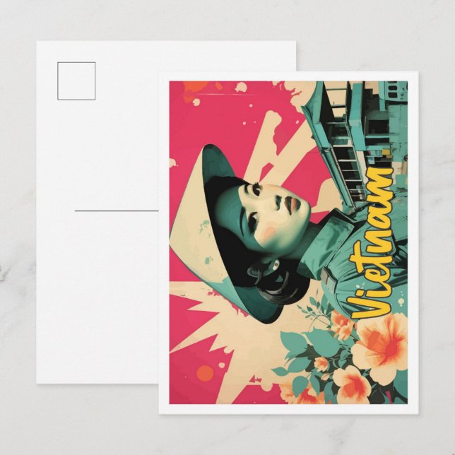 Postal Ilustracion de viajes de arte pop de Vietnam (Anverso / Reverso)