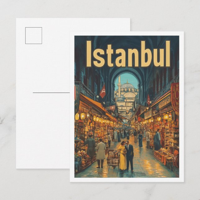 Postal Ilustracion de viajes de arte turco por Estambul (Anverso / Reverso)