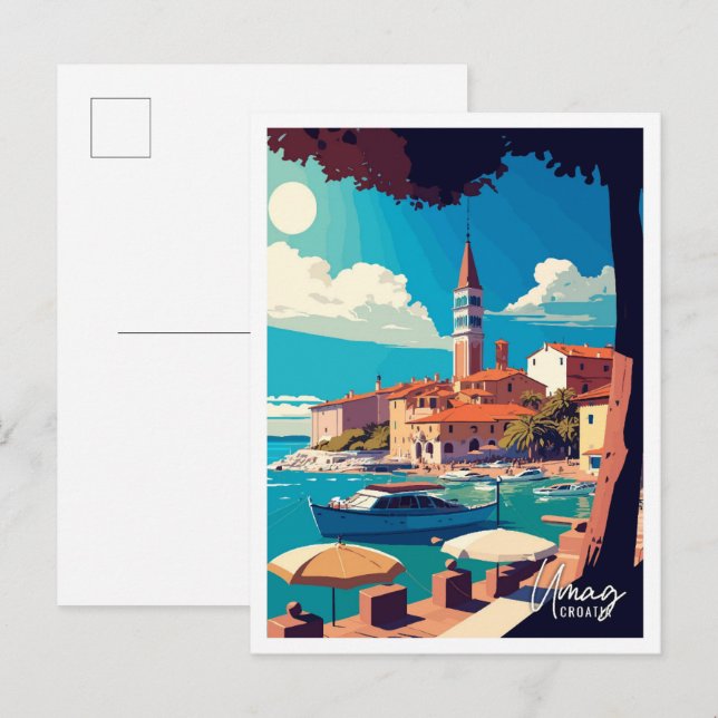 Postal Ilustracion de viajes de arte Umag Croatia (Anverso / Reverso)