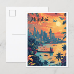 Postal Ilustracion de viajes de arte ventilado de Mumbai 