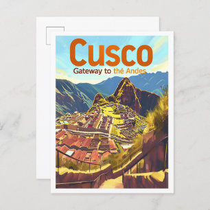 Postal Ilustracion de Viajes de Arte Vintage de Cusco Per