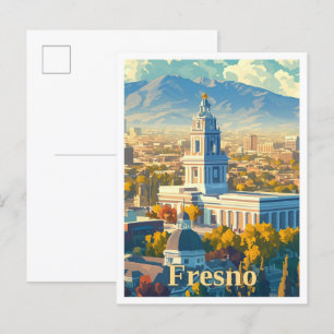 Postal Ilustracion de Viajes de Arte Vintage de Fresno Ca