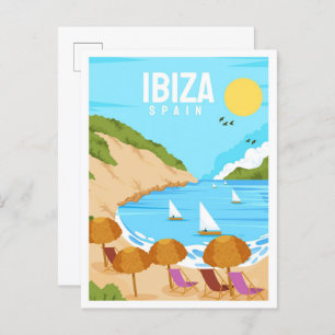 Postal Ilustracion de Viajes de Arte Vintage de Ibiza Esp