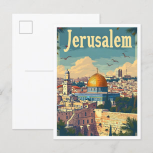 Postal Ilustracion de viajes de arte vintage de Jerusalén