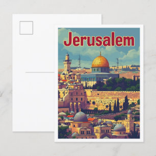 Postal Ilustracion de viajes de arte vintage de Jerusalén