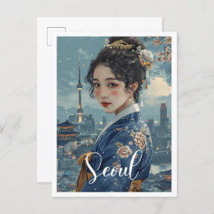 Postal Ilustracion de Viajes de Arte Vintage de Seúl