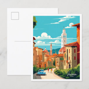 Postal Ilustracion de Viajes de Arte Vintage de Verona It