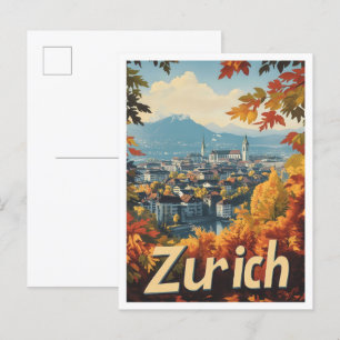 Postal Ilustracion de viajes de arte Zurich Suiza