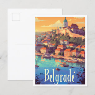 Postal Ilustracion de Viajes de Belgrado Serbia Art Vinta