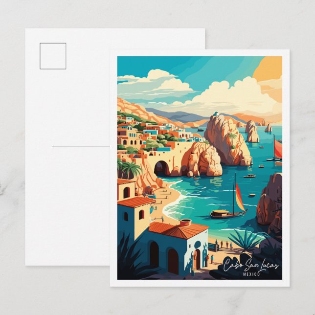 Postal Ilustracion de viajes de Cabo San Lucas México (Anverso / Reverso)