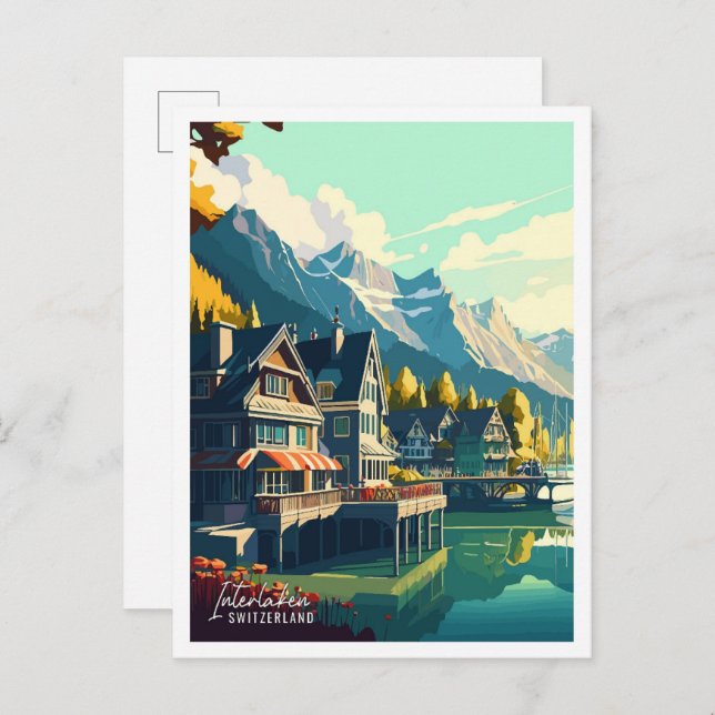 Postal Ilustracion de viajes de época de la Suiza de Inte (Anverso / Reverso)