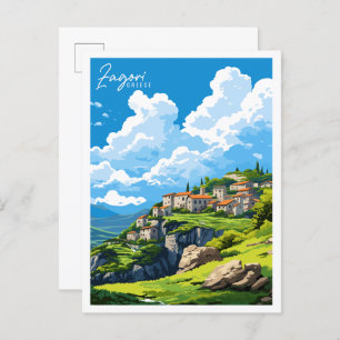 Postal Ilustracion de viajes de época de Zagori Grecia