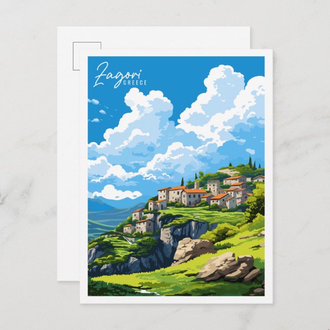 Postal Ilustracion de viajes de época de Zagori Grecia (Anverso / Reverso)