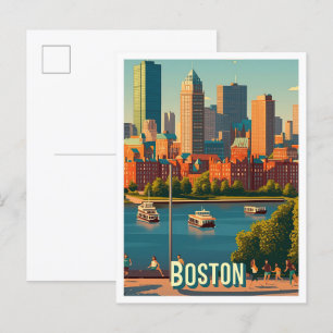 Postal Ilustracion de viajes de Estados Unidos en Boston 