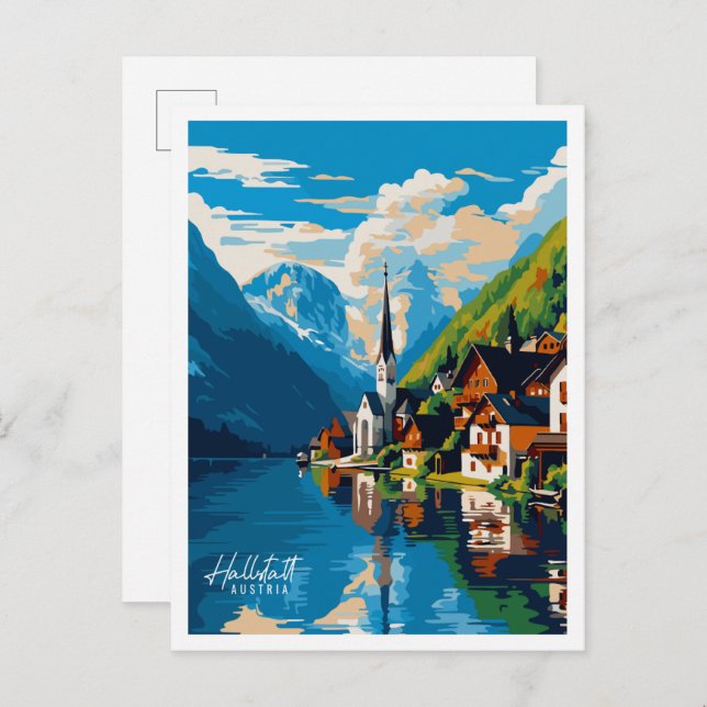 Postal Ilustracion de viajes de Hallstatt Austria (Anverso / Reverso)