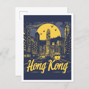 Postal Ilustracion de viajes de la ciudad de Hong Kong