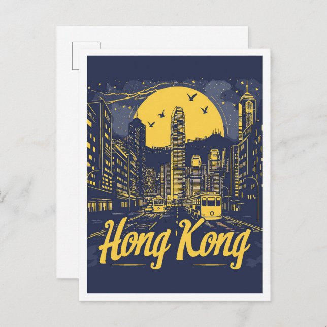 Postal Ilustracion de viajes de la ciudad de Hong Kong (Anverso / Reverso)