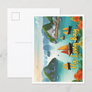 Postal Ilustracion de viajes de la vieja bahía de Ha Long