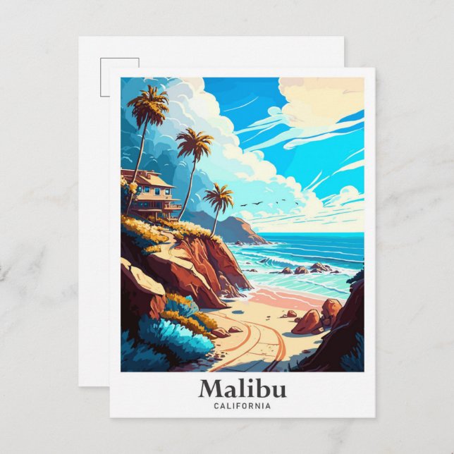 Postal Ilustracion de Viajes de Malibu California USA (Anverso / Reverso)