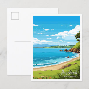 Postal Ilustracion de viajes de Nueva Zelanda de Bay Isla