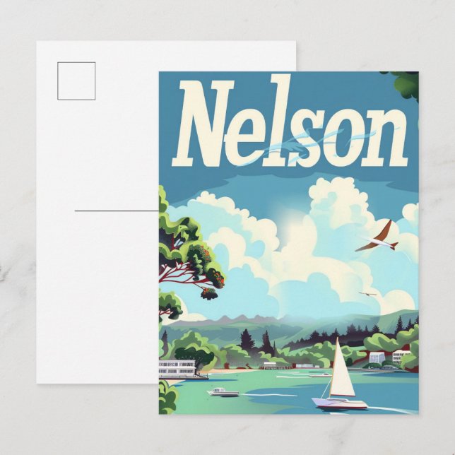 Postal Ilustracion de viajes de Nueva Zelanda de Nelson (Anverso / Reverso)