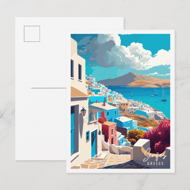 Postal Ilustracion de viajes de Serifos Grecia (Anverso / Reverso)