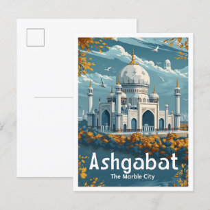 Postal Ilustracion de viajes de vintage de Ashgabat Turkm