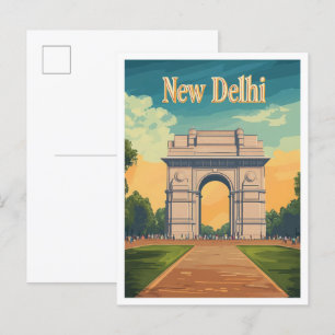 Postal Ilustracion de viajes de vintage de Nueva Delhi en