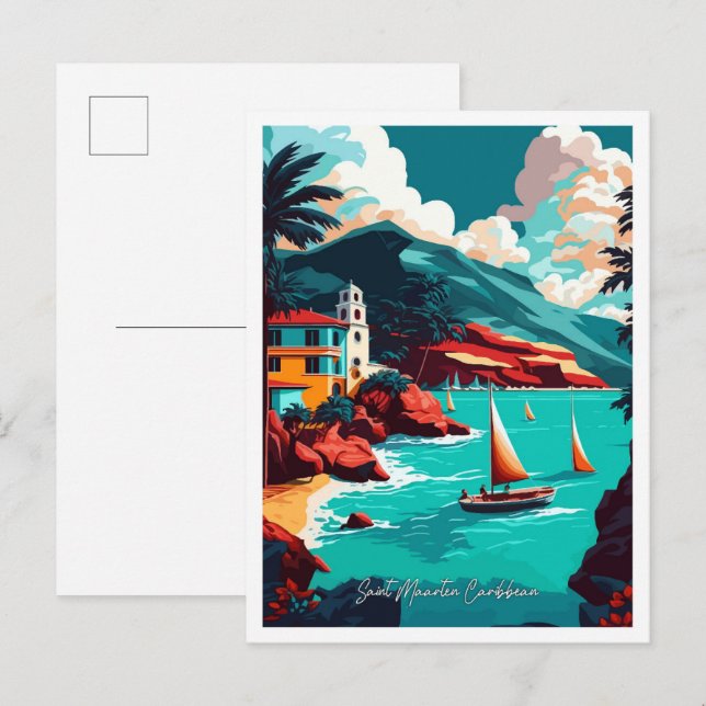 Postal Ilustracion de viajes del Caribe de Saint Maarten (Anverso / Reverso)