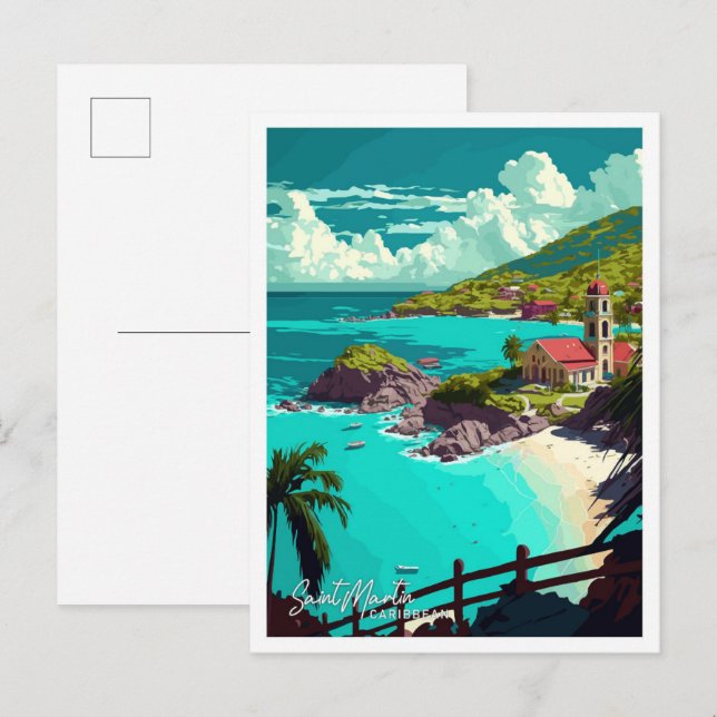 Postal Ilustracion de Viajes del Caribe de San Martín (Anverso / Reverso)