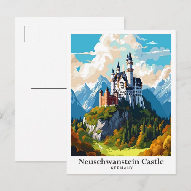 Postal Ilustracion de Viajes del Castillo de Neuschwanste (Anverso / Reverso)