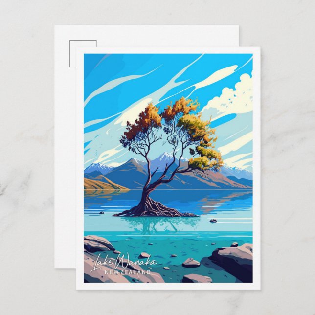 Postal Ilustracion de Viajes del Lago Wanaka Nueva Zeland (Anverso / Reverso)