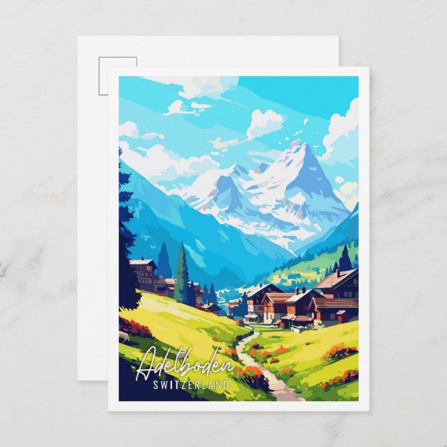 Postal Ilustracion de viajes en Suiza Adelboden (Anverso / Reverso)